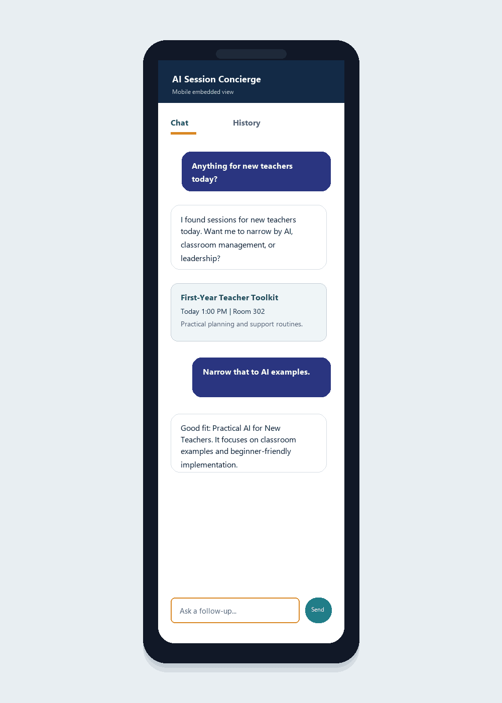 Representative mobile UO Connect Concierge view showing a follow-up question in the embedded chat interface.