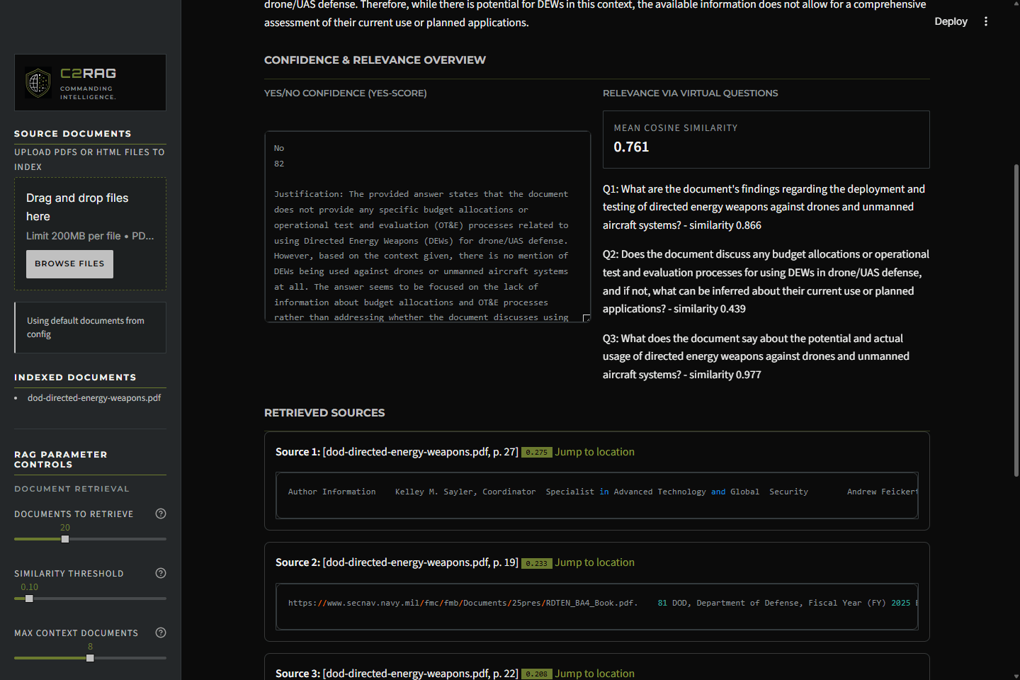 C2RAG scoring panel for query 3: relevance 0.761, confidence NO 82%, weak retrieval scores.